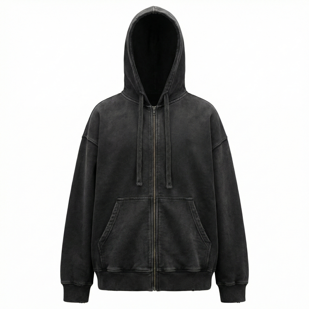 WASHED BLACK HEAVYWEIGHT ZIP-UP HOODIE