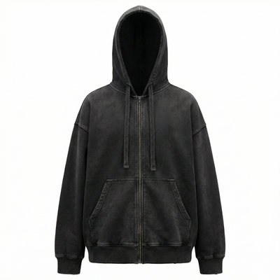 WASHED BLACK HEAVYWEIGHT ZIP-UP HOODIE