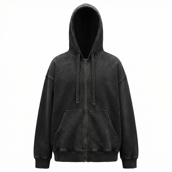 WASHED BLACK HEAVYWEIGHT ZIP-UP HOODIE