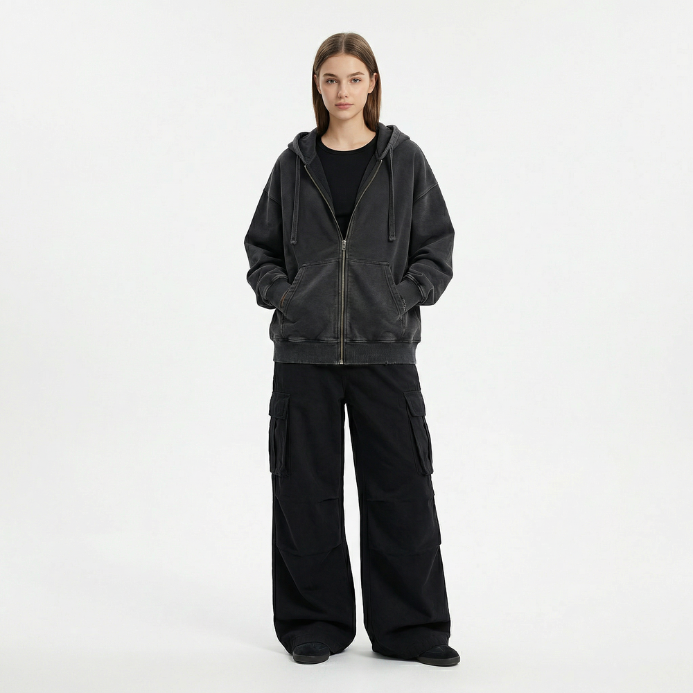 WASHED BLACK HEAVYWEIGHT ZIP-UP HOODIE